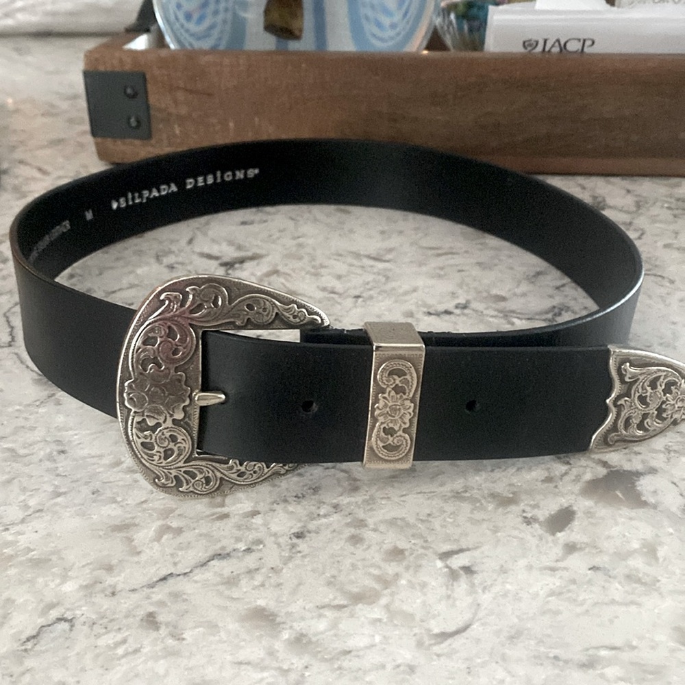 SILPADA DESIGNS Genuine Italian Black Leather Belt M Metal Buckle Western Belt
